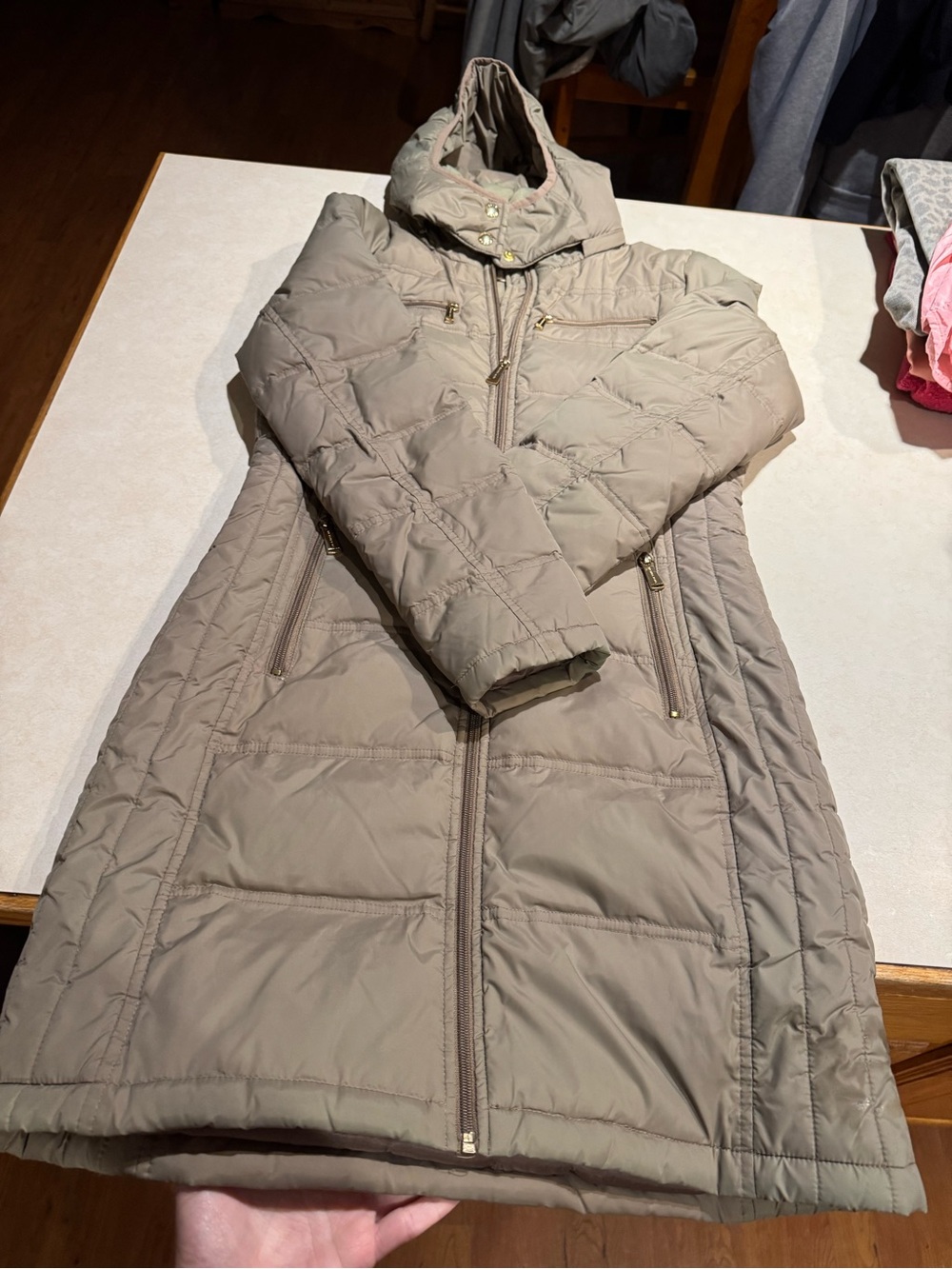 Michael Kors Long Quilted Puffer Coat in Taupe